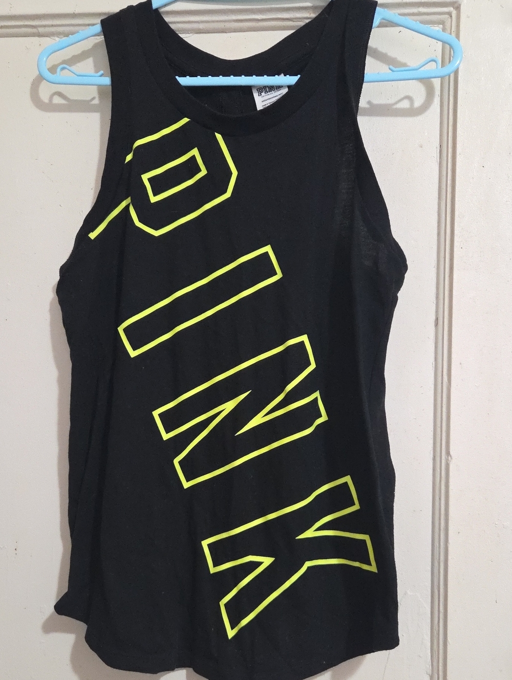 PINK Victoria's Secret Black Tank with Neon Yellow Logo Accent